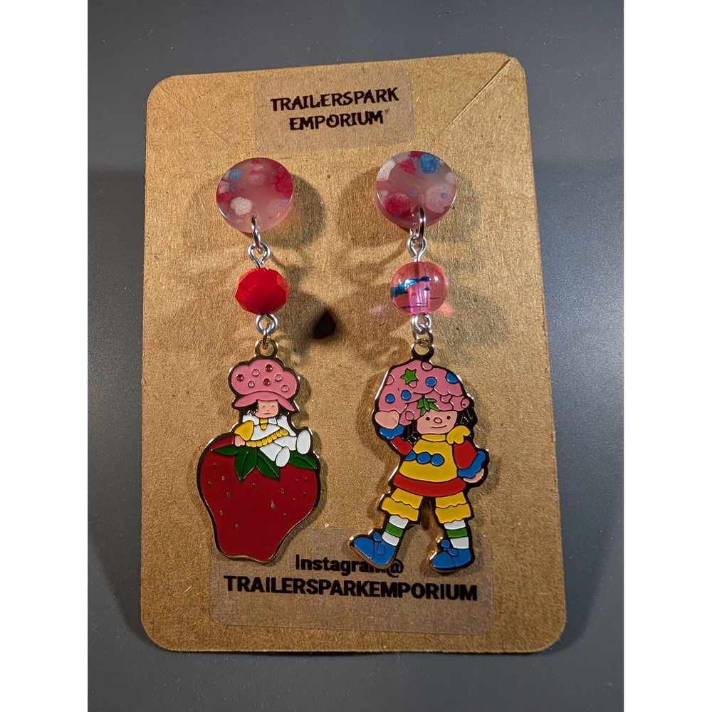 Vintage 1980s Strawberry Shortcake Enamel Dangle Earrings Nickel Free Mismatched